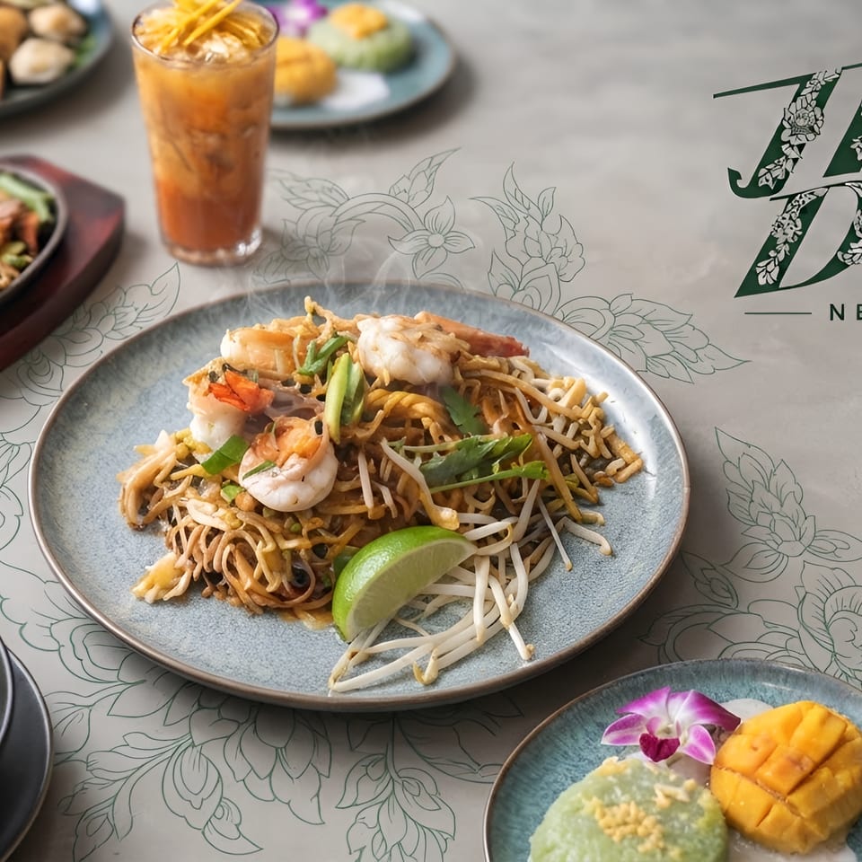 Thai dining spread featuring shrimp pad Thai, stir-fried seafood, mango sticky rice, appetizers, and iced beverages beside Thai Diner New York branding.