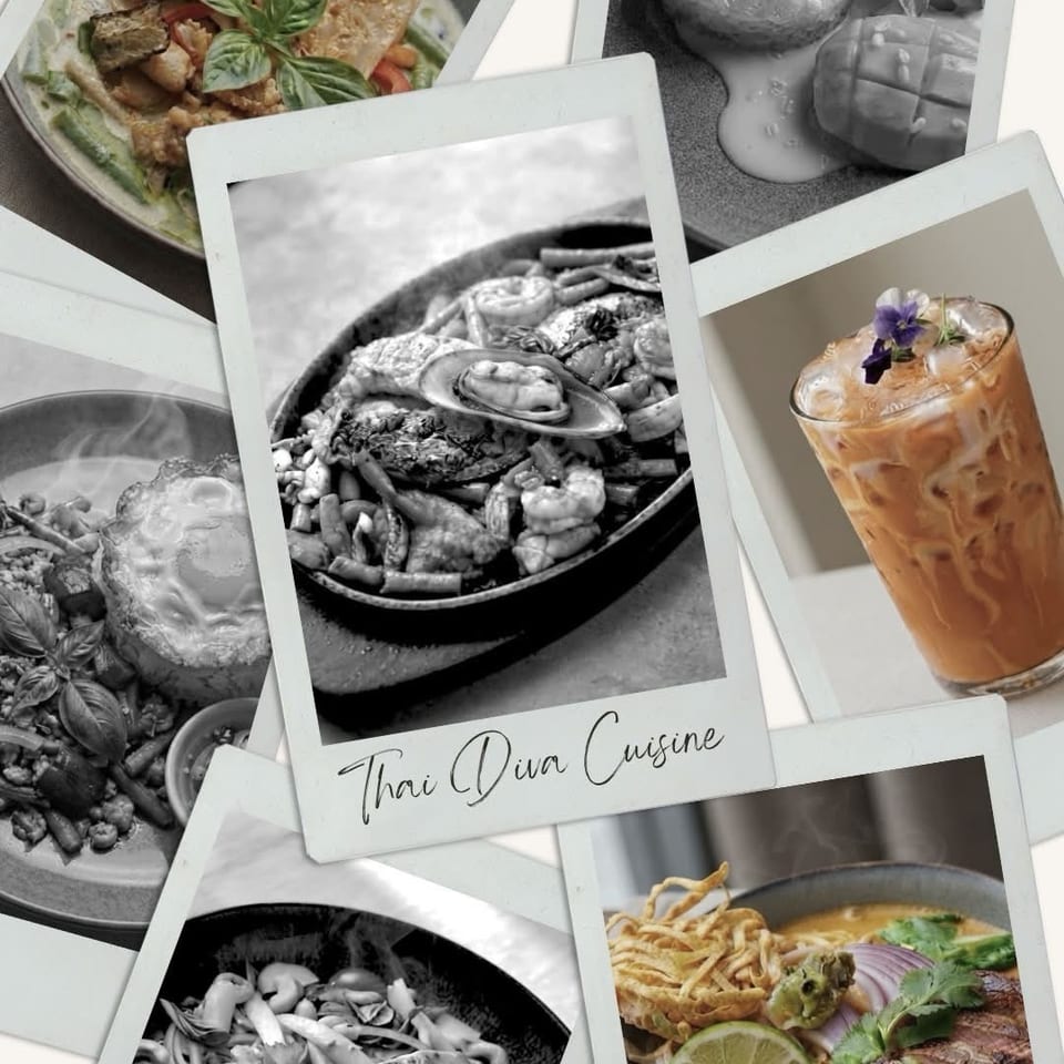Thai Diva Cuisine collage featuring Thai dishes, seafood, grilled meats, mango sticky rice, and an iced drink.