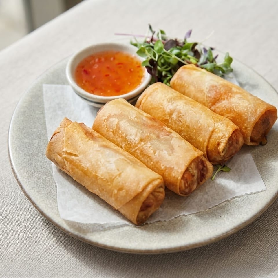 Four crispy spring rolls served with sweet chili dipping sauce and microgreens on a ceramic plate.