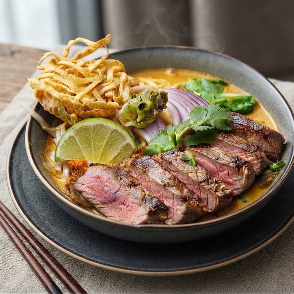 Steaming bowl of noodle soup topped with sliced grilled beef, crispy noodles, lime, cilantro, onion, and chili.