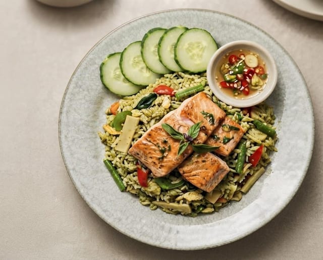 Salmon Green Curry Fried Rice.