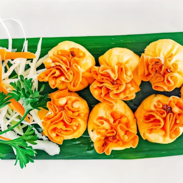 Six golden Thai money bags, garnished with shredded carrots, cabbage, and parsley on a banana leaf.