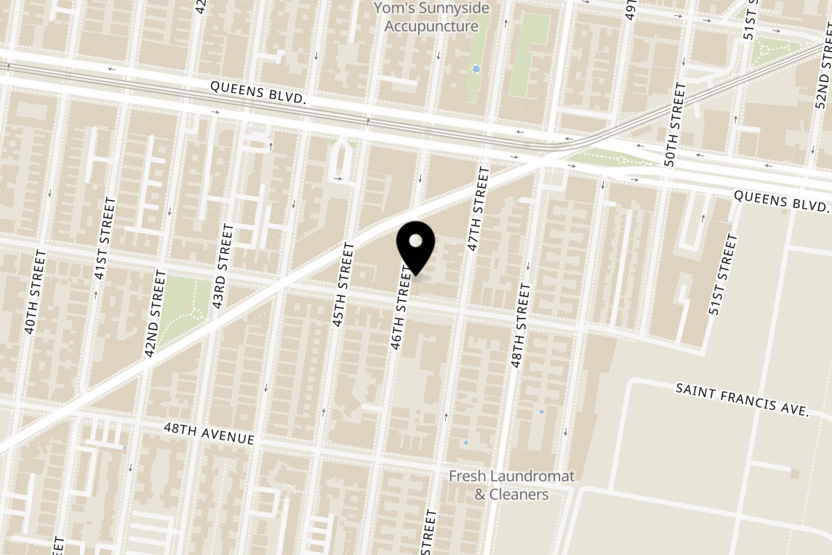 Map showing the location of Thai Diva Cuisine on 45-53 46th St in Woodside